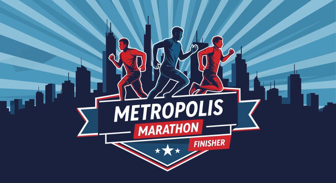 Dynamic Metropolis Marathon Finishers Illustration with Cityscape Background
