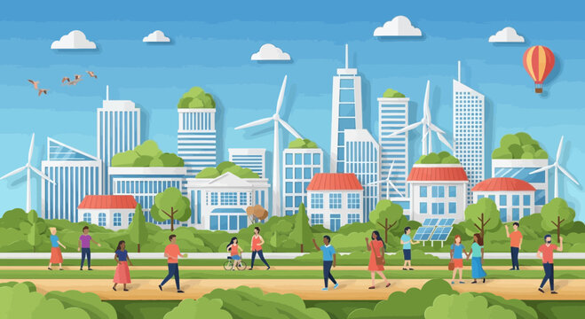 Modern Sustainable City With People, Wind Turbines and Greenery Illustration