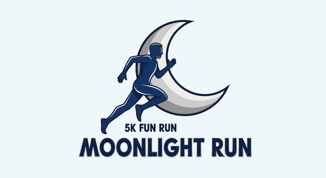 Dynamic Moonlight Run 5k Event Logo Design Featuring Runner Silhouette and Crescent Moon