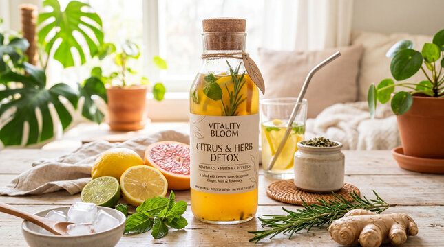 Citrus herb detox drink with lemon, grapefruit, ginger, rosemary, and mint on rustic wooden table, surrounded by fresh ingredients and houseplants, promoting healthy lifestyle