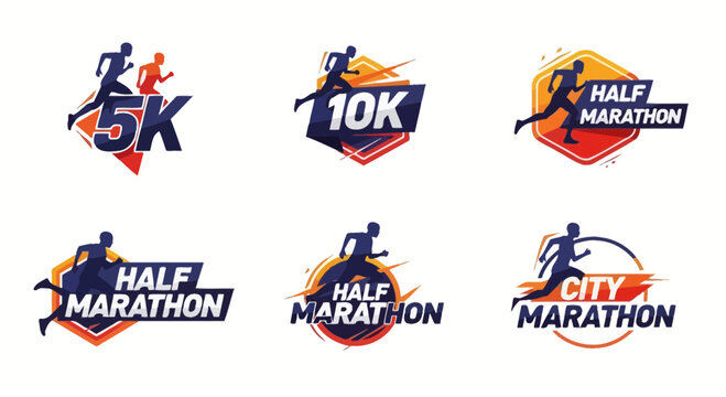 Dynamic Sport Event Logos Featuring Runners Representing Various Distance Races and Marathons