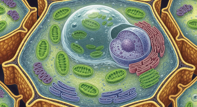 Detailed illustration of a plant cell with chloroplasts, mitochondria, and nucleus