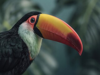 Fototapeta premium Close-up profile of a toucan with its iconic colorful beak against a blurred jungle background