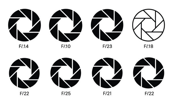 Set of aperture diaphragm icons showing different f-stops like f/14, f/10, f/23, f/18, f/22, f/25, f/21, f/22 for photography.