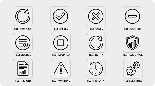 Set of Icons Representing Various Test Statuses and Actions.