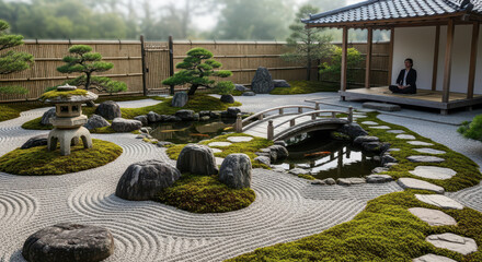 Obraz premium Person meditating in a serene Japanese garden with rocks, moss, and water elements