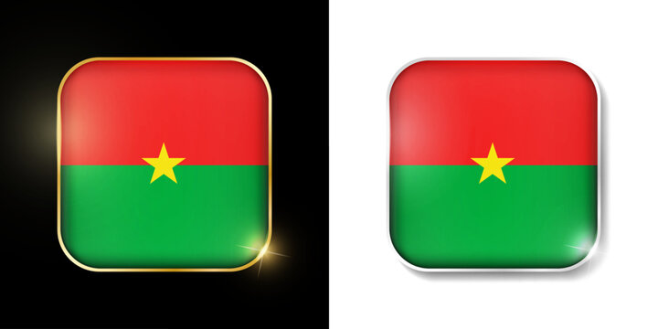 Burkina Faso flag round shiny golen and silver icons isolated on black and white background. Vector 3D square rounded illuminated buttons with shadow. Use for bets, tournament, games