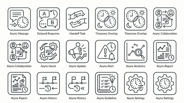 Hand drawn asynchronous work and communication line icon set featuring business collaboration and productivity symbols.
