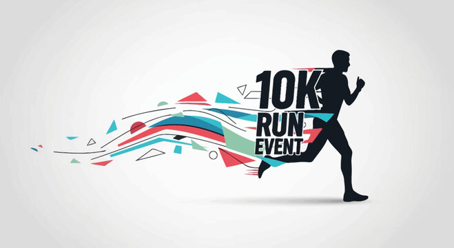 Energetic Runner Silhouetted Celebrating 10K Run Event with Abstract Dynamic Elements