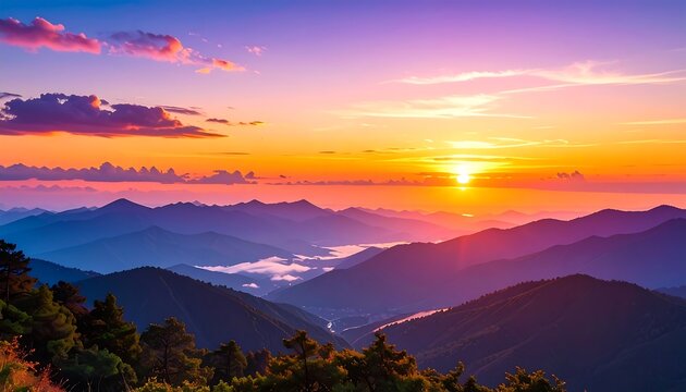 Vibrant mountain sunset with colorful sky and silhouetted peaks