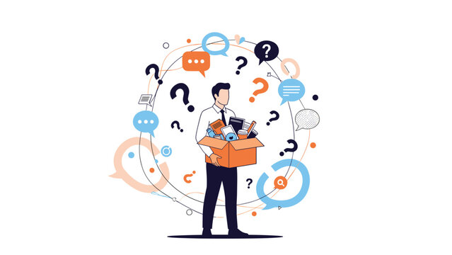 Confused man holds a cardboard box full of office supplies surrounded by question marks representing job loss, relocation, or career change.