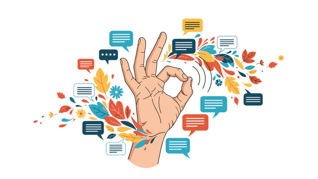 Hand making an OK gesture is surrounded by colorful autumn leaves and various chat bubbles against a clean white background.