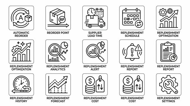 Replenishment and Supply Chain Management Icon Set for Business Logistics and Inventory Control.