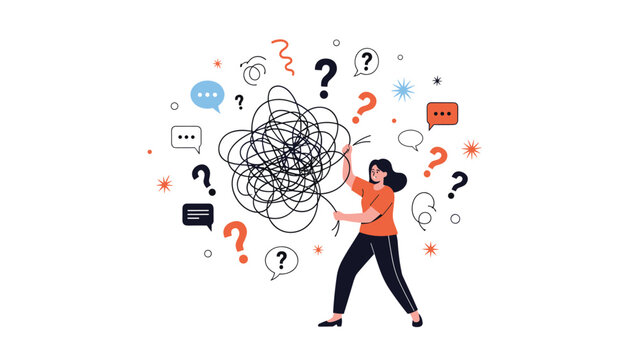 Confused woman tries to find the end of a massive tangled knot of black lines surrounded by question marks and icons.