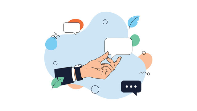 Professional hand wearing a watch holds a small speech bubble over a light blue background with abstract shapes and leaves.