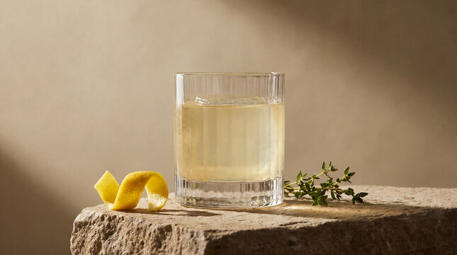 Whiskey cocktail with ice, lemon twist, and fresh thyme garnish on stone surface, elegant and refreshing drink in warm natural light, perfect for premium beverage advertising