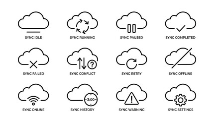 Obraz premium Collection of Cloud Sync Icons for Data Storage and Synchronization Status.