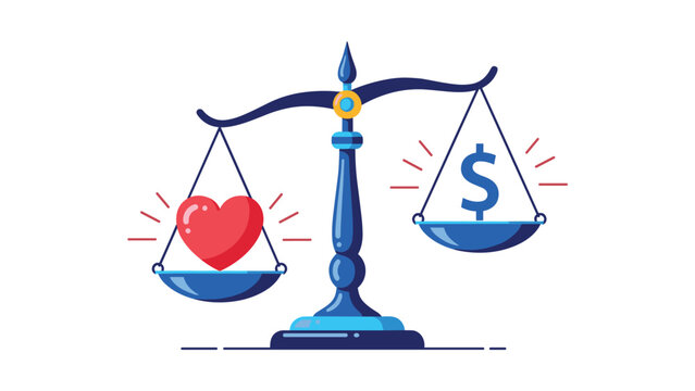Classic scale balances a shiny red heart on one side and a blue dollar sign on the other to represent value priorities.