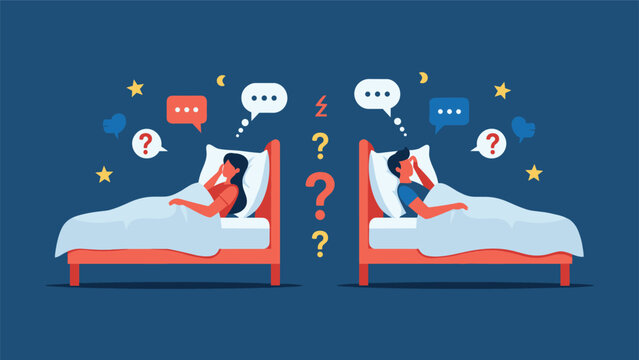 Distant couple lying in separate beds facing away from each other with frustration and communication problems shown by bubbles.