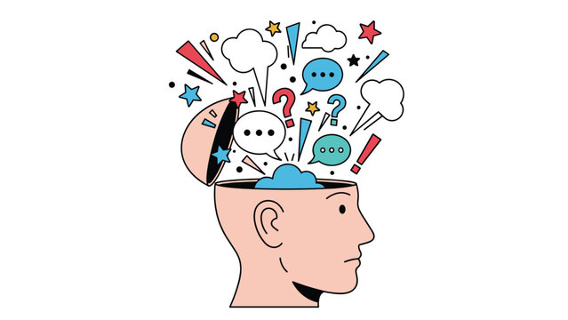 Profile of a human head where the brain is exploding with colorful thoughts icons and symbols of creativity and stress.