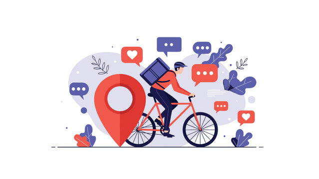 Professional food delivery courier riding bicycle with large thermal backpack and location pin icon amongst social media symbols.