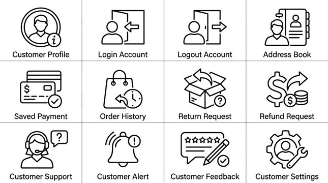 Set of 12 customer account and e-commerce service line icons including profile login logout and support.