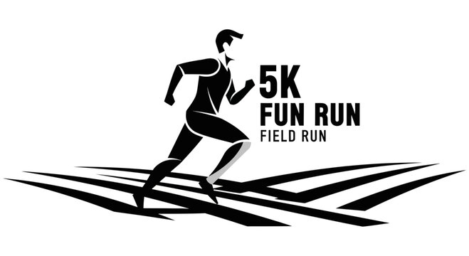 Energetic Athlete Sprinting Across Field in Black and White Design for 5K Fun Run Event