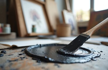 Fototapeta premium Artist prepares black paint on table. Wide brush mixes thick pigment for art creation. Studio background shows framed artworks. Creative process begins with messy materials. Inspiration in workshop.