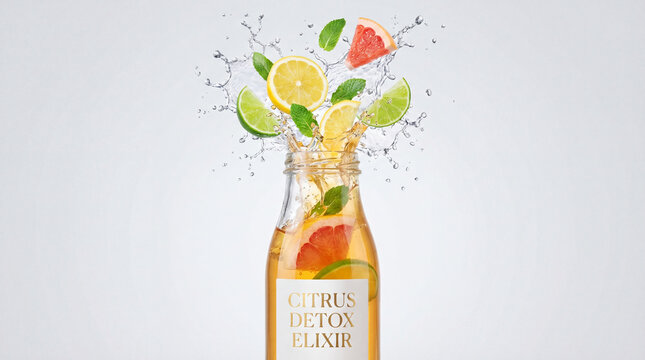 Citrus detox elixir with lemon, lime, grapefruit, and mint splashing in water, refreshing and healthy beverage concept on white background