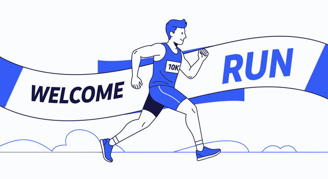 Energetic Athlete Sprinting Towards Goal with Welcome and Run Banner for Fitness Event