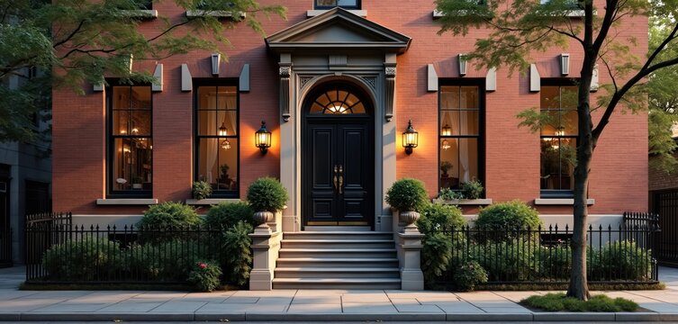 Red brick row house features black double doors and stpic. Tall windows show warm interior lights. Green bushes and trees front the urban facade.