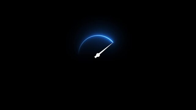 Escalation meter showing big levels. Maximum value, off the charts. Cholesterol meter rising to max.Glowing neon speedometer icon 4k isolated on black background.