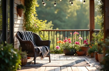 Obraz premium Outdoor wicker chair with striped blanket on wooden porch. Potted flowers and string lights decorate cozy balcony. Peaceful retreat with garden view and natural setting.
