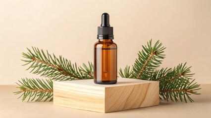 Fototapeta premium Amber glass dropper bottle on wooden block with pine branches