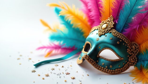 Teal ornate masquerade mask with gold trim and colorful feathers. Festive carnival disguise with glitter confetti on white background. Elegant mystery party accessory.