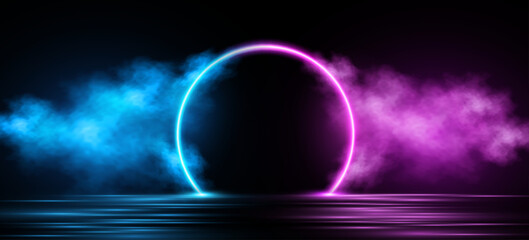 Naklejka premium Futuristic scene with glowing blue and purple neon arc over reflective surface and soft smoke clouds. Dark abstract stage background for display your brand product. Vector illustration.