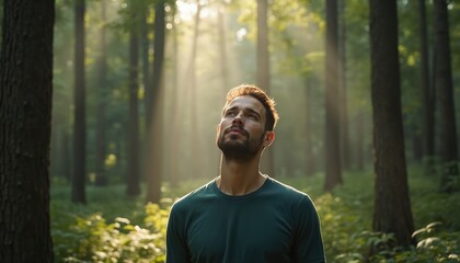 Naklejka premium Young man looks up inhaling deeply forest air bathed in sunlight. He finds peace and calm among green trees. A moment of pure nature connection and outdoor serenity.