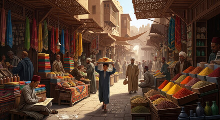 Obraz premium Busy market scene with vendors selling colorful spices in a traditional bazaar