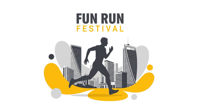 Energetic Runner Silhouetted Against a Cityscape Backdrop Representing a Fun Run Festival Event