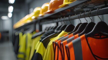Fototapeta premium Collection of industrial safety equipment, specifically high-visibility vests and protective hard hats hanging on racks retail shopping market. 