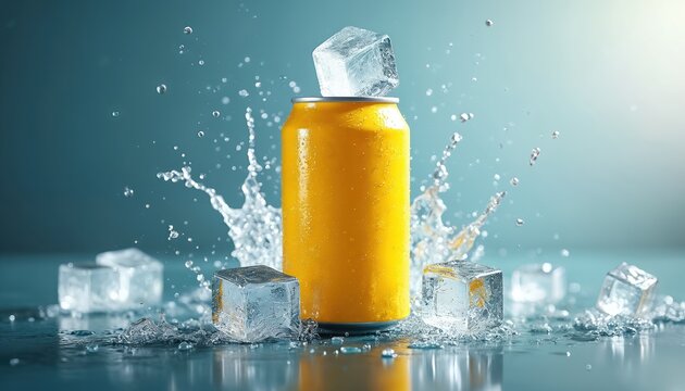 Yellow soda can with ice cubes and water splash. Refreshing cold beverage with bubbles and condensation. Perfect for summer drink ads and mockups.