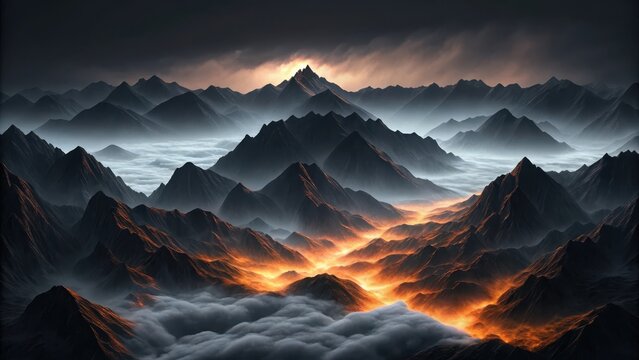 A dramatic mountain range with clouds and a glowing orange sunset behind the peaks