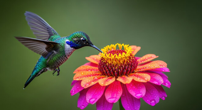 Hummingbird feeding on a vibrant flower in nature