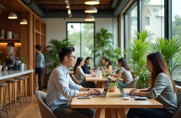 Fototapeta premium Young Asians work on laptops in bright co-working space. People collaborate at tables, surrounded by plants. Modern office with natural light and cozy atmosphere for remote workers.