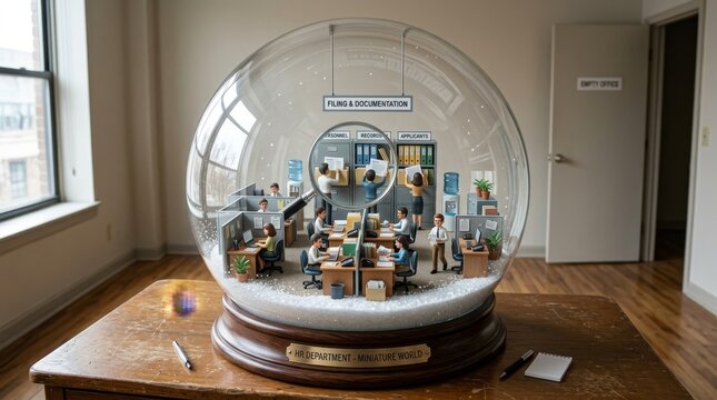 Miniature hr office in a snow globe: tiny employees in cubicles under a glass dome, symbolizing corporate control, bureaucracy, paperwork, surveillance and contained work life