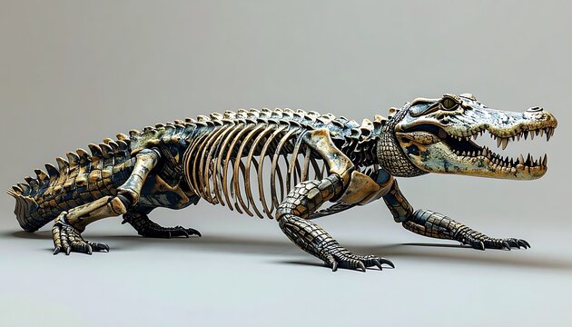 Alligator skeleton with partial skin showing texture against a neutral backdrop, lit for detail