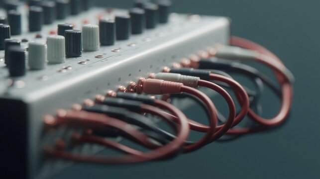 Close-up of audio mixer inputs with colorful cables connected to the device