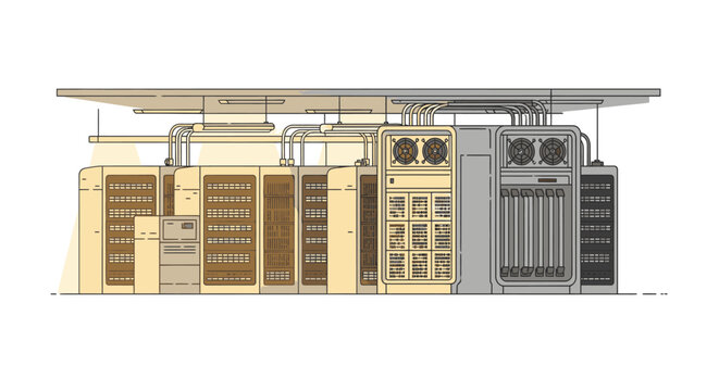 Retro computer data center with large server racks and cooling units, vintage technology illustration
