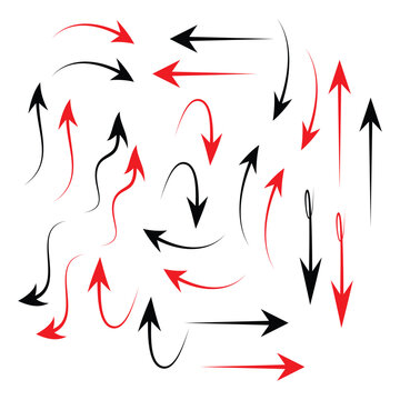 Hand Drawn Curved Arrow Vector Set, Black And Red Doodle Directional Arrows Collection with Swirl, Loop, Wavy and Straight Arrows for Infographic, Flowchart, UI UX Navigation, Web Design, Presentation