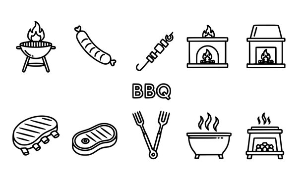 Bold grill outline icon set with BBQ sausage kebab fire and barbecue cooking tools for food branding